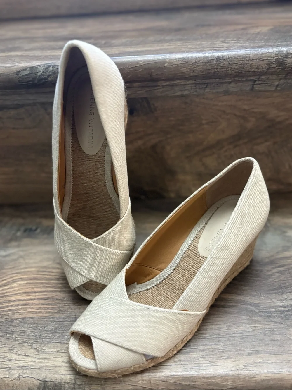 Adrienne Vittadini Beige Canvas Peep-Toe Wedge Espadrilles